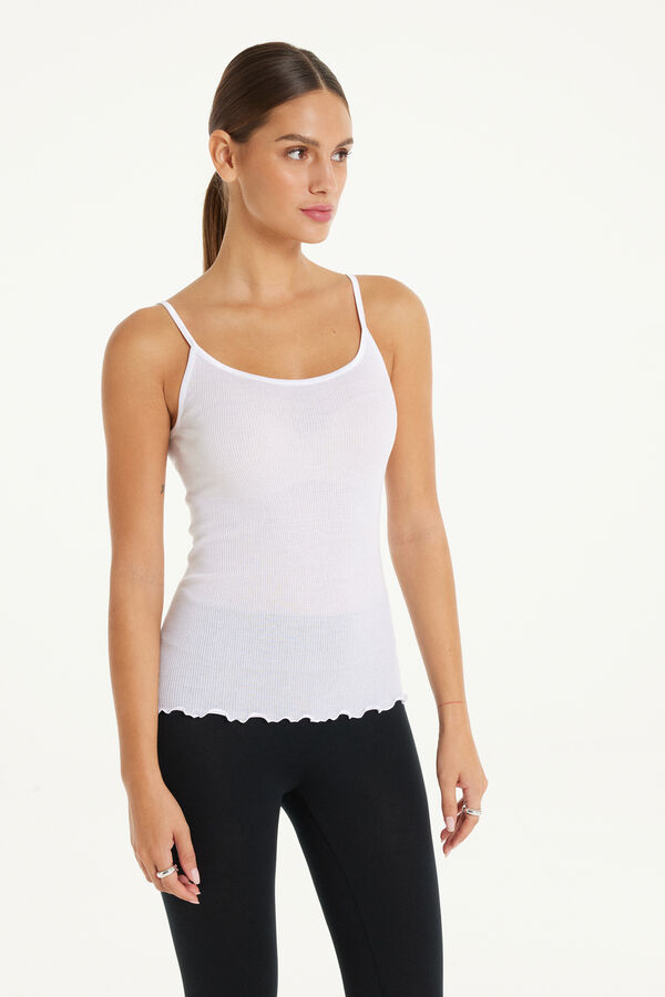 Ribbed 100% Cotton and Satin Camisole with Narrow Shoulder Straps  