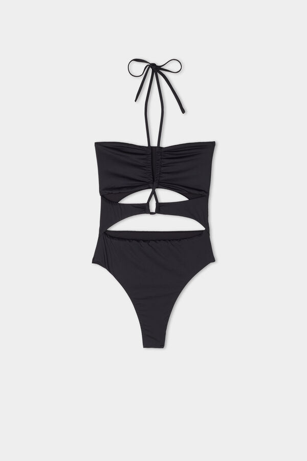 Recycled Microfibre High-Cut One-Piece Swimsuit with Cut-Out and Drawstring  