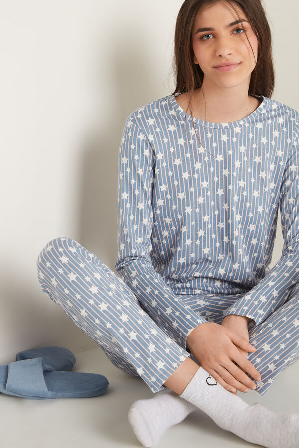Langer Pyjama aus Baumwolle mit Nadelstreifen und Sternen  