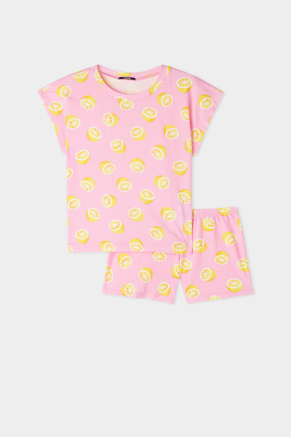 Kurzer Mädchenpyjama aus Baumwolle mit Zitronenprint  