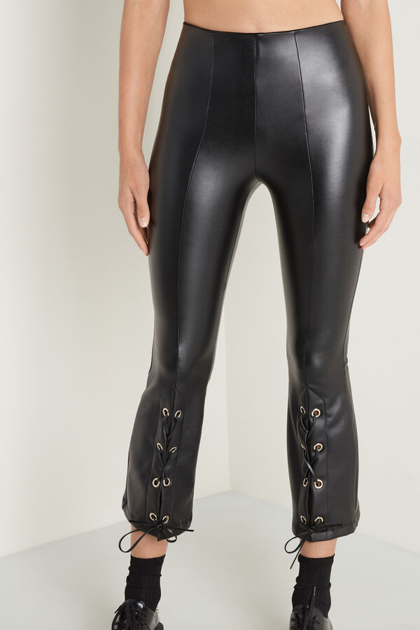 Coated-Effect Thermal Flared Trousers with Laces  