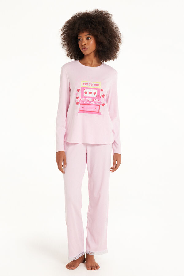 Pijama Largo de Algodón Grueso con Encaje y Estampado Love Machine  