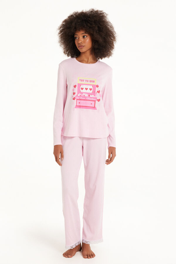 Pijama Comprido em Algodão Grosso com Renda Estampado Love Machine  