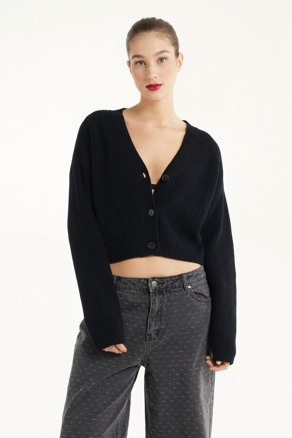 Short Ribbed Cardigan with Long Sleeves and Buttons  
