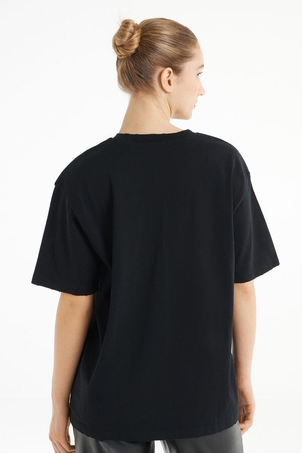 Rounded Neck Cotton T-Shirt with Ripped Hem  