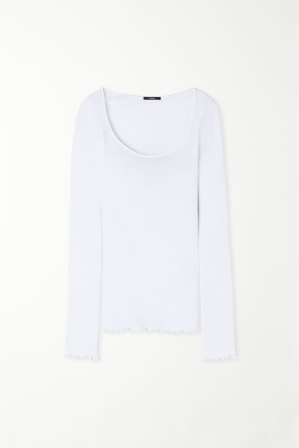 Long-Sleeved Top in 100% Ribbed Cotton and Satin  