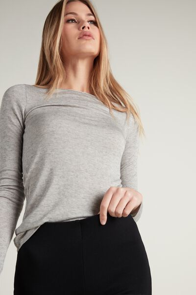 Boat-Neck Top in Viscose and Merino Wool