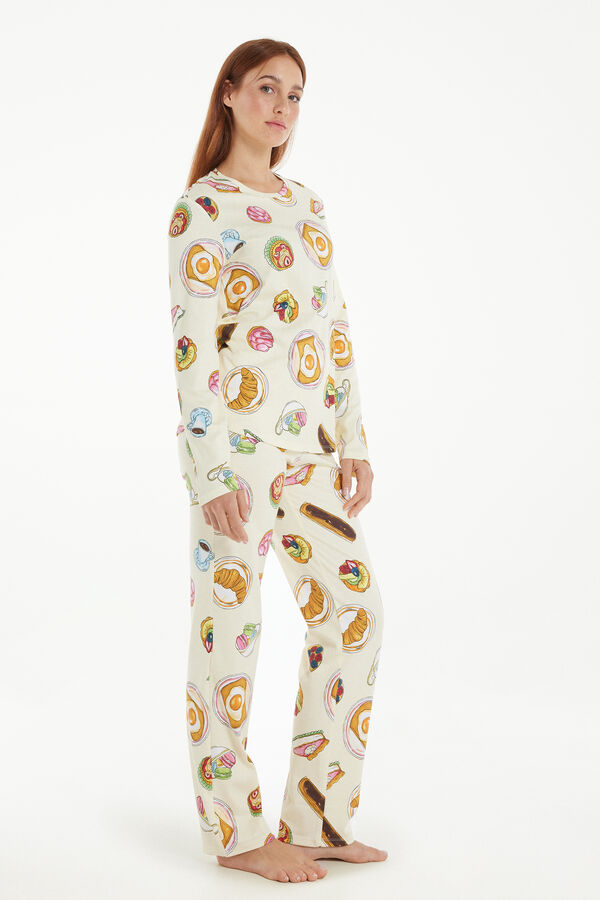 Pijama Comprido Algodão Estampado Pequeno-Almoço  
