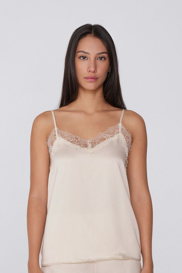 Satin and Lace Camisole with Narrow Shoulder Straps  
