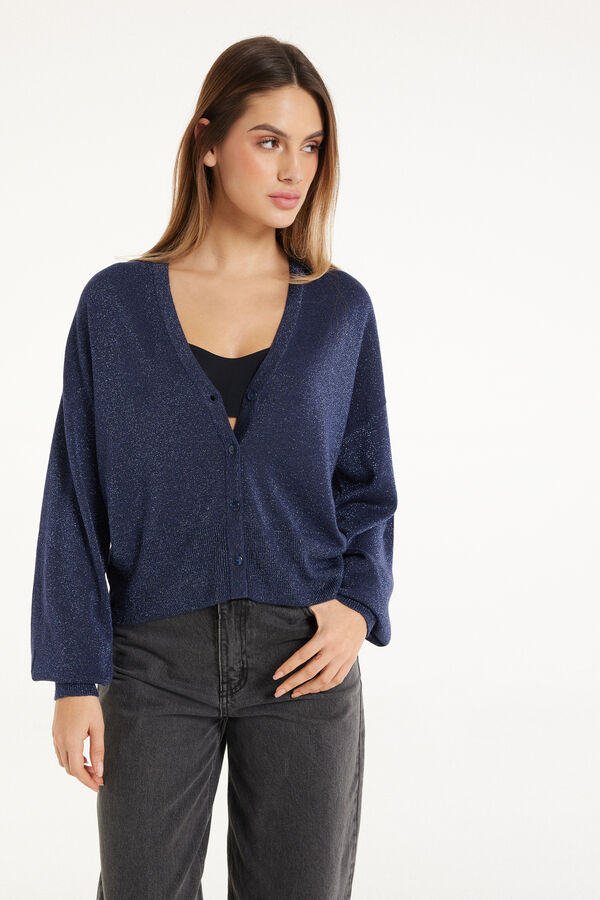 Short Lamé Fabric Cardigan with Long Sleeves and Buttons  