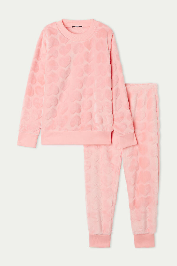 Girls’ Devoré Long Fleece Pyjamas with Heart Print  