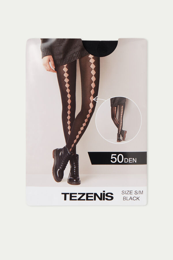 Patterned 50 Denier Tights with Cut-Outs and Rhinestones  
