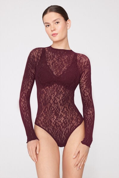 Body Manches Longues Dentelle Fleurie Sans Coutures