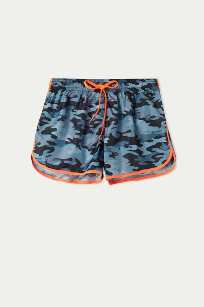 Short Printed Cloth Swim Trunks with Piping