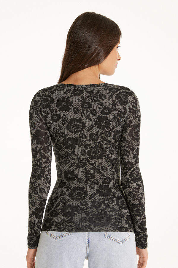 Long-Sleeved Shirt with Wide-Neck and Printed Viscose  