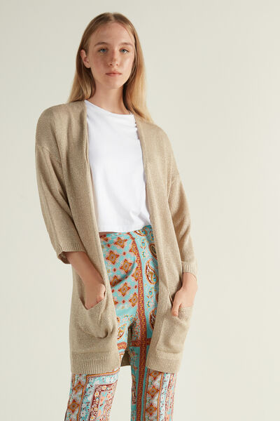 Laminated Long Sleeve Open Front Cardigan