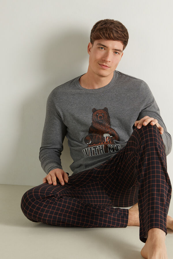 Men’s Bear Print Long Cotton Pyjamas with Rounded Neck  