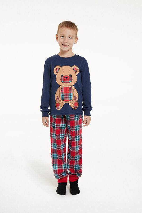 Langer Pyjama für Jungen aus Baumwolle mit Bärenprint und Schottenkaros  