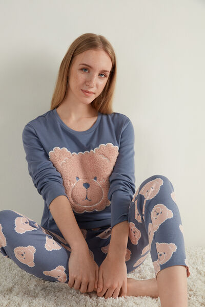 Full-Length Cotton Pajamas with Bear Appliqué