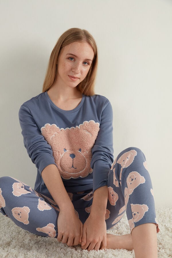 Pijama Comprido em Algodão com Patch Urso  