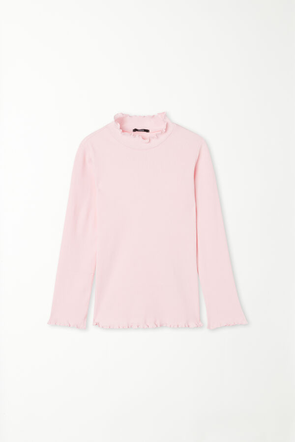 Girls’ Long Sleeve Ribbed Top with Rolled Hem  