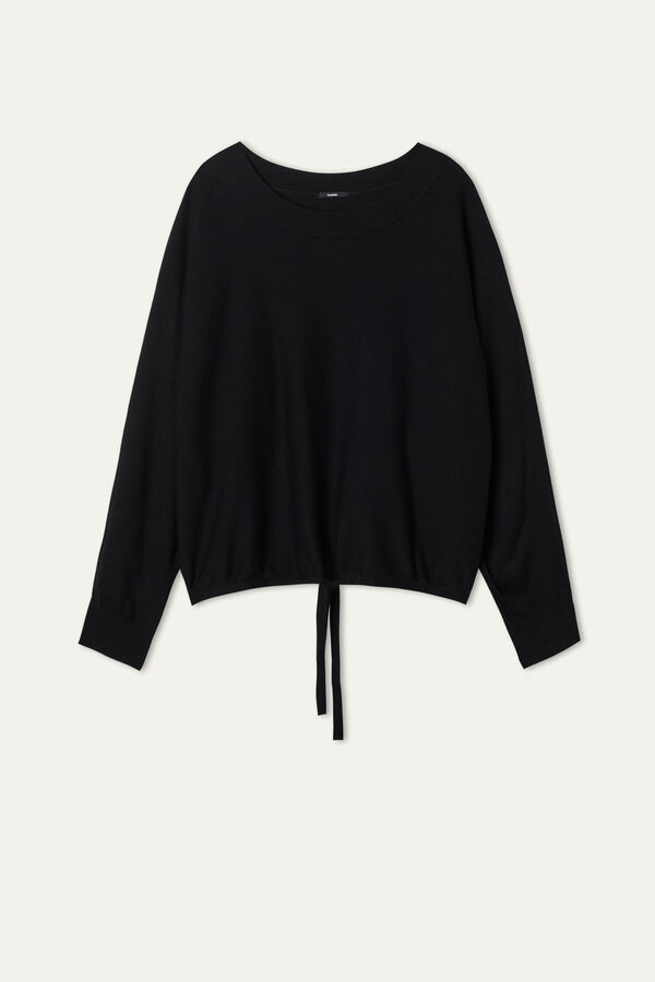 Cropped Batwing Sleeve Jumper with Drawstring  