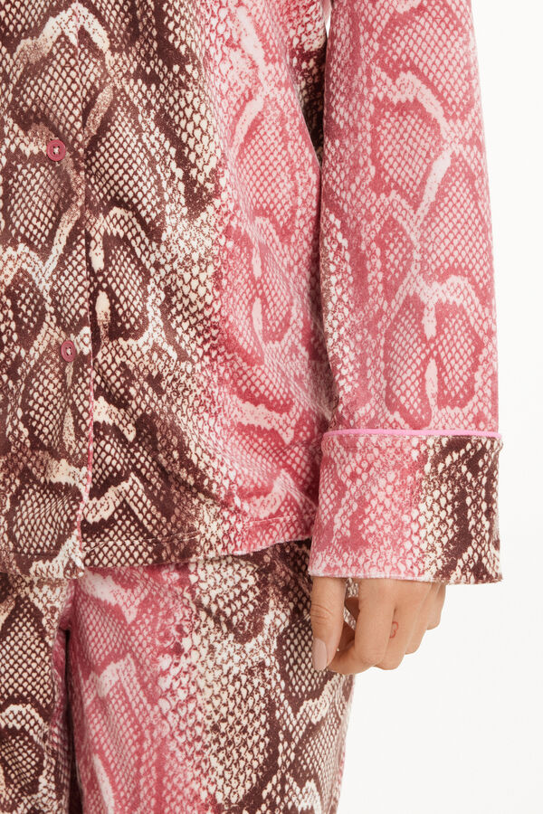 Full Length Button-Down Micro-Fleece Pajamas in Snakeskin Print  
