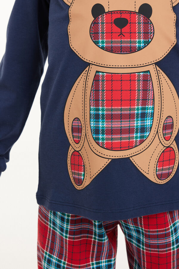 Langer Pyjama für Jungen aus Baumwolle mit Bärenprint und Schottenkaros  