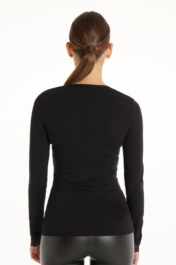 Long Sleeve V-Neck Viscose Top with Lace  