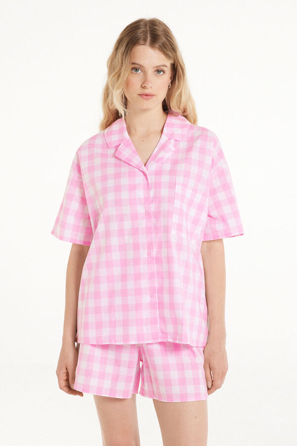 Short Plain Weave Cotton Button-Down Pajamas  