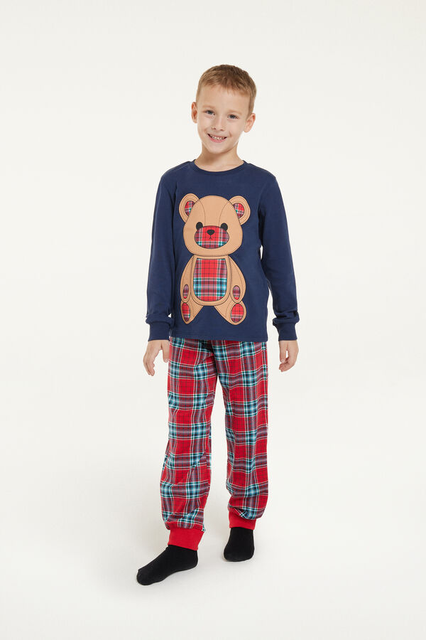 Boys’ Tartan Bear Print Long Cotton Pyjamas  