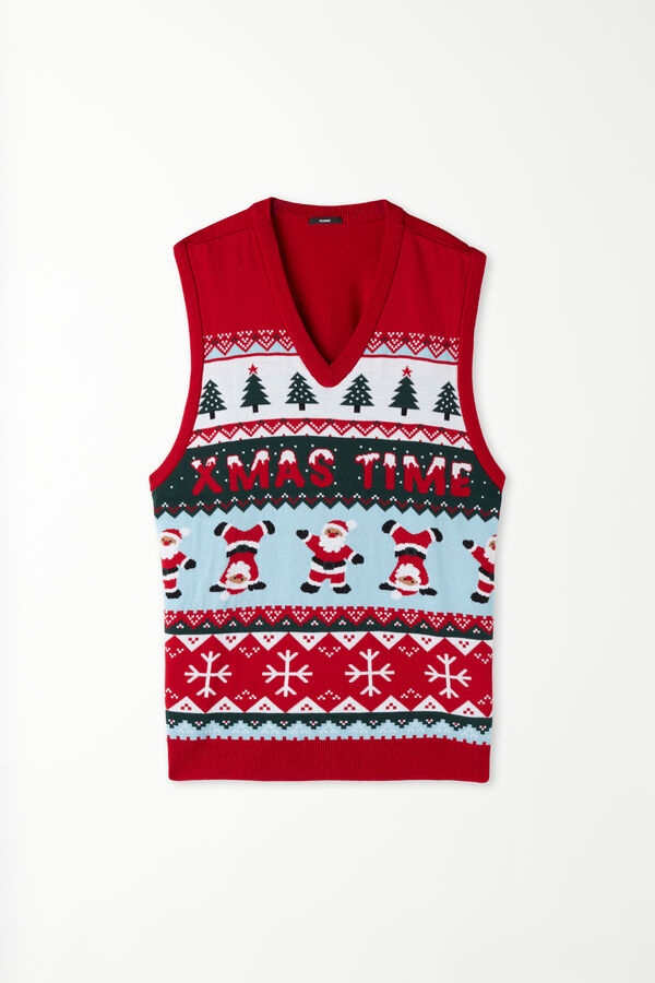 Fully-Fashioned V-Neck Christmas Print Vest  