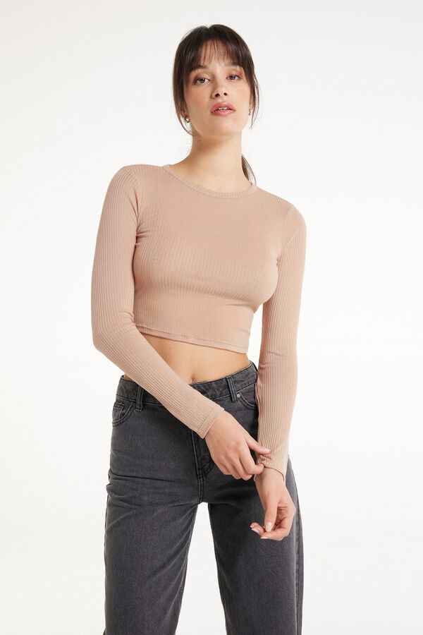 Ultralight Short Ribbed Viscose Top with Long Sleeves  