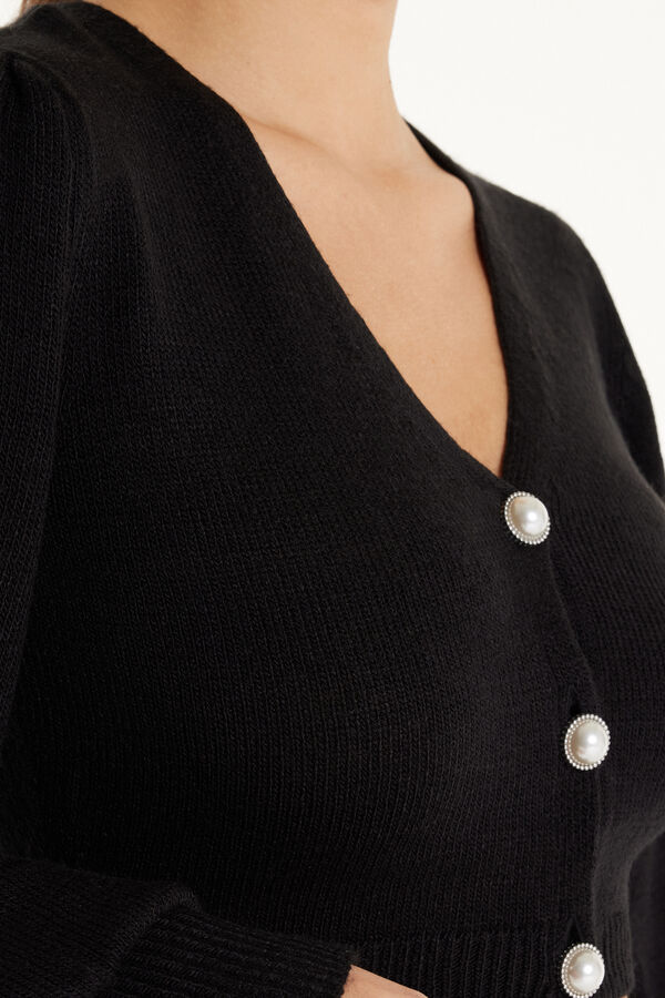 Long-Sleeved Fully-Fashioned Short Cardigan with Buttons  