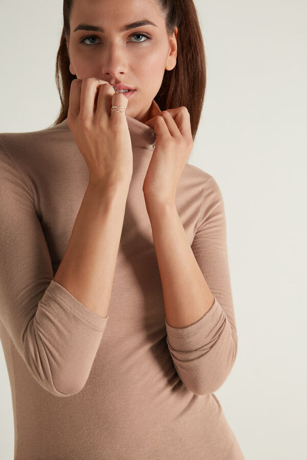 Viscose and Merino Wool Polo Neck Top  