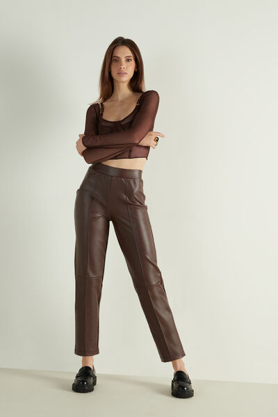 Coated-Effect Baggy Thermal Trousers with Ribbing