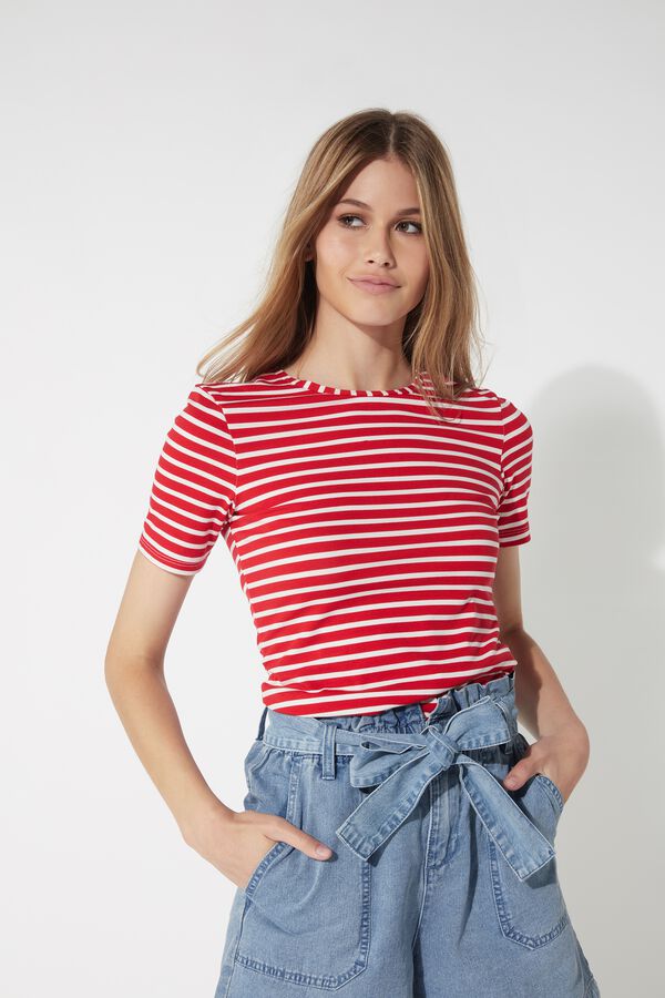 Rounded Neck T-Shirt in Printed Stretch Cotton  