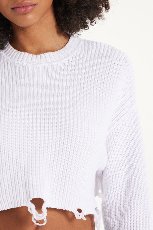 Ribbed Long-Sleeved Ripped Crop Top  