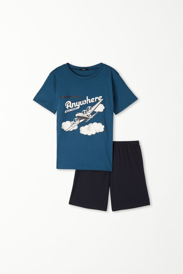 Короткая Хлопковая Пижама с Принтом «Самолет» и Короткими Рукавами для Мальчиков  