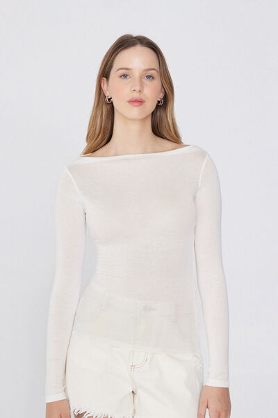Long-Sleeved Viscose Top with Boat Neck