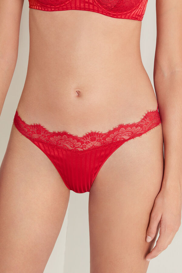Red Satin Pinstripe Thin Strap Brazilian Panties  