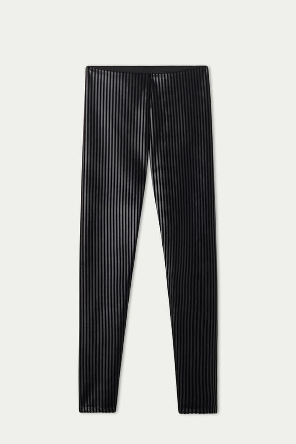 Coated-Effect, Flocked Thermal Leggings with Pinstripe  