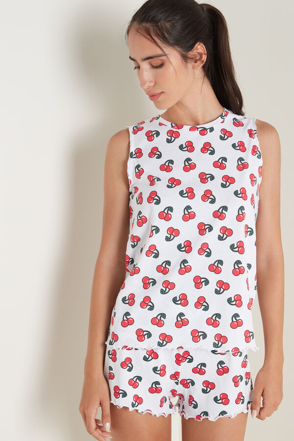 Cherry Print Short Pyjamas with Rolled Hem  