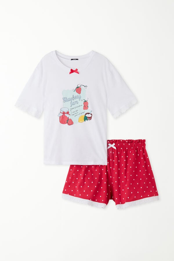 Short Sleeve Short Cotton Pyjamas with Strawberry Print  