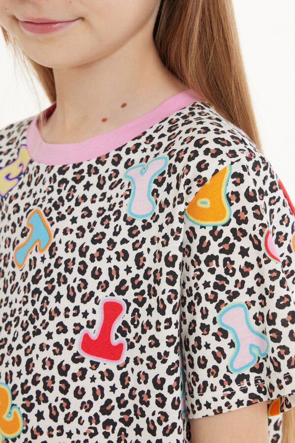 Girls’ Half Sleeve Letter and Animal Print Short Cotton Pajamas  