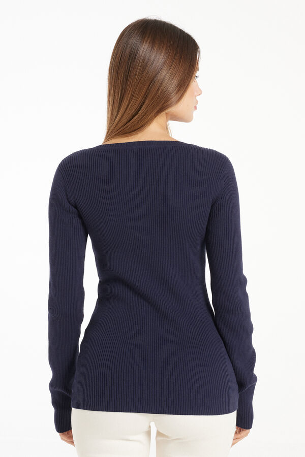 Long-Sleeved Ribbed V-Neck Top in 100% Cotton  