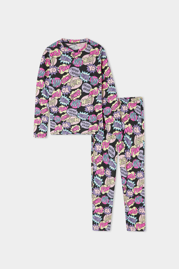 Dlouhé Dívčí Bavlněné Pyžamo s Komiksovým Potiskem  