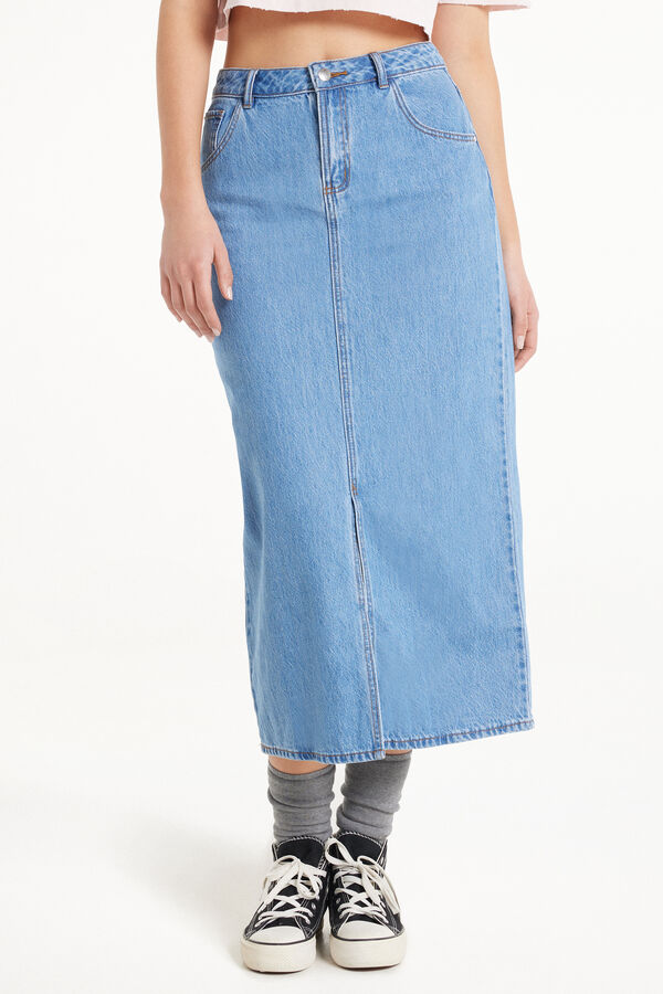 High-Waist Denim Midi Skirt with Slit  