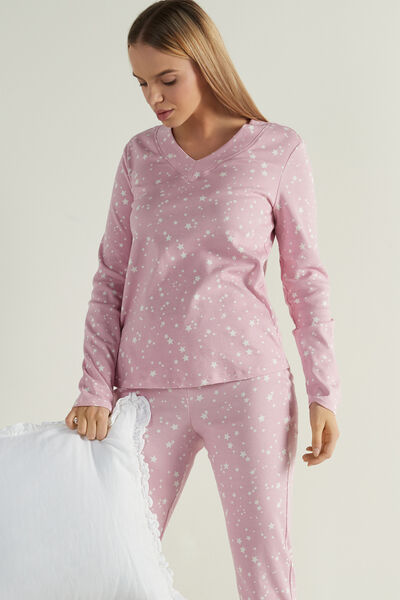 Langer Pyjama mit V-Ausschnitt und Sternchenprint