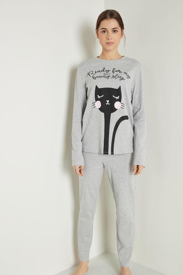 Dlouhé Bavlněné Pyžamo Potisk Kočka  
